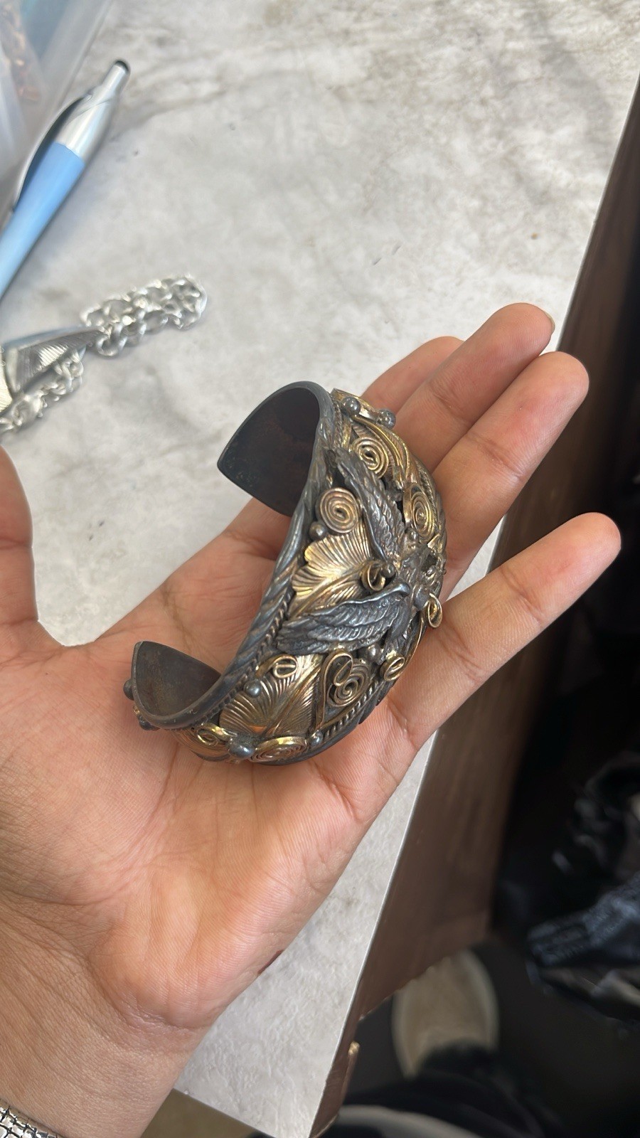 Two-Tone Silver & Gold Metal Eagle Motif Cuff Bracelet, Animal Theme