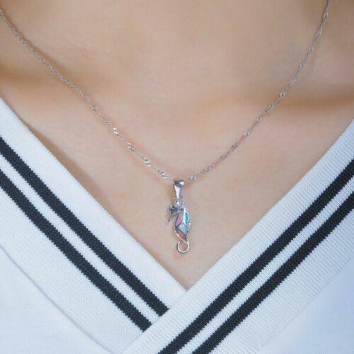 New Silver Multi-Color Simulated Fire Opal Sea Horse Seahorse Pendant Necklace