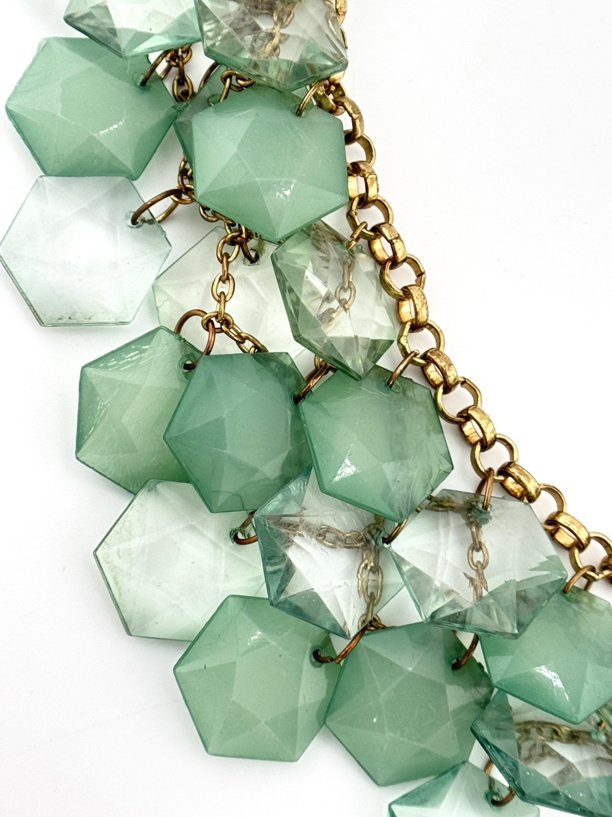 Mint Green Faceted Lucite Bib Statement Necklace Gold Tone Chain 18-20″