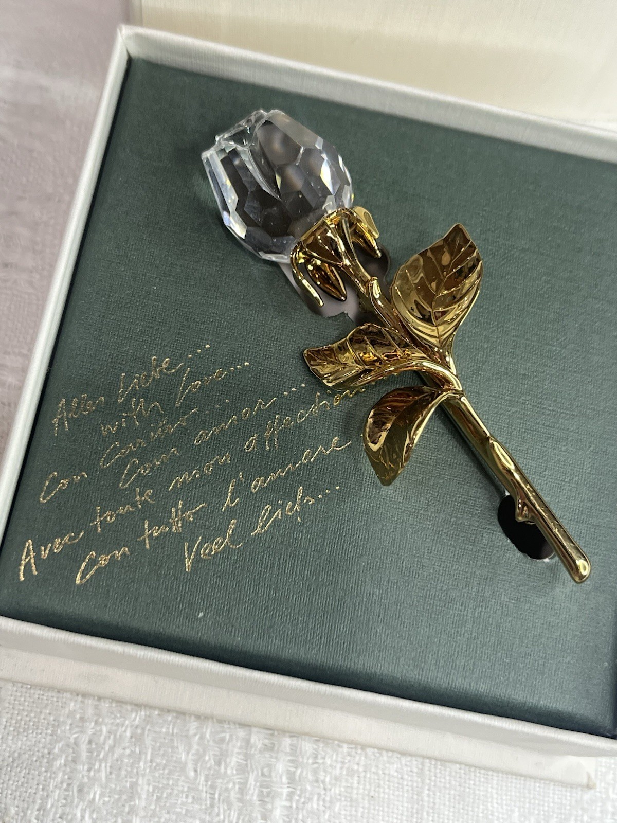 Swarovski Crystal Memories Rose Brooch Pin Gold Tone 3″ w/ Original Box-Gift