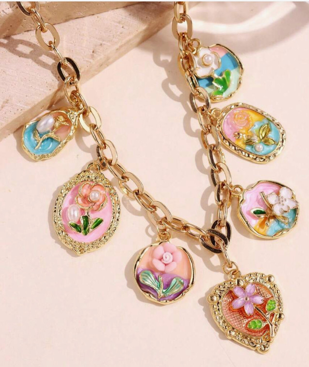 NECKLACE-Floral Necklace, Vintage Style Multicolor Enamel Alloy Floral Pendants