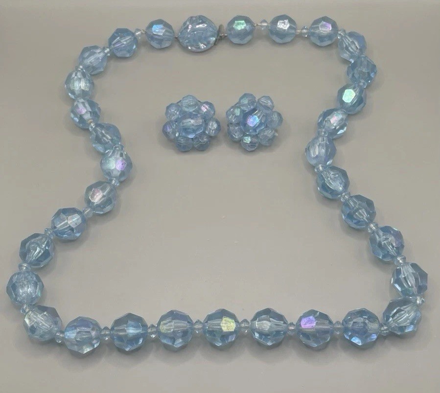 Austria Necklace Clip On Earrings Set Faceted Blue Beaded