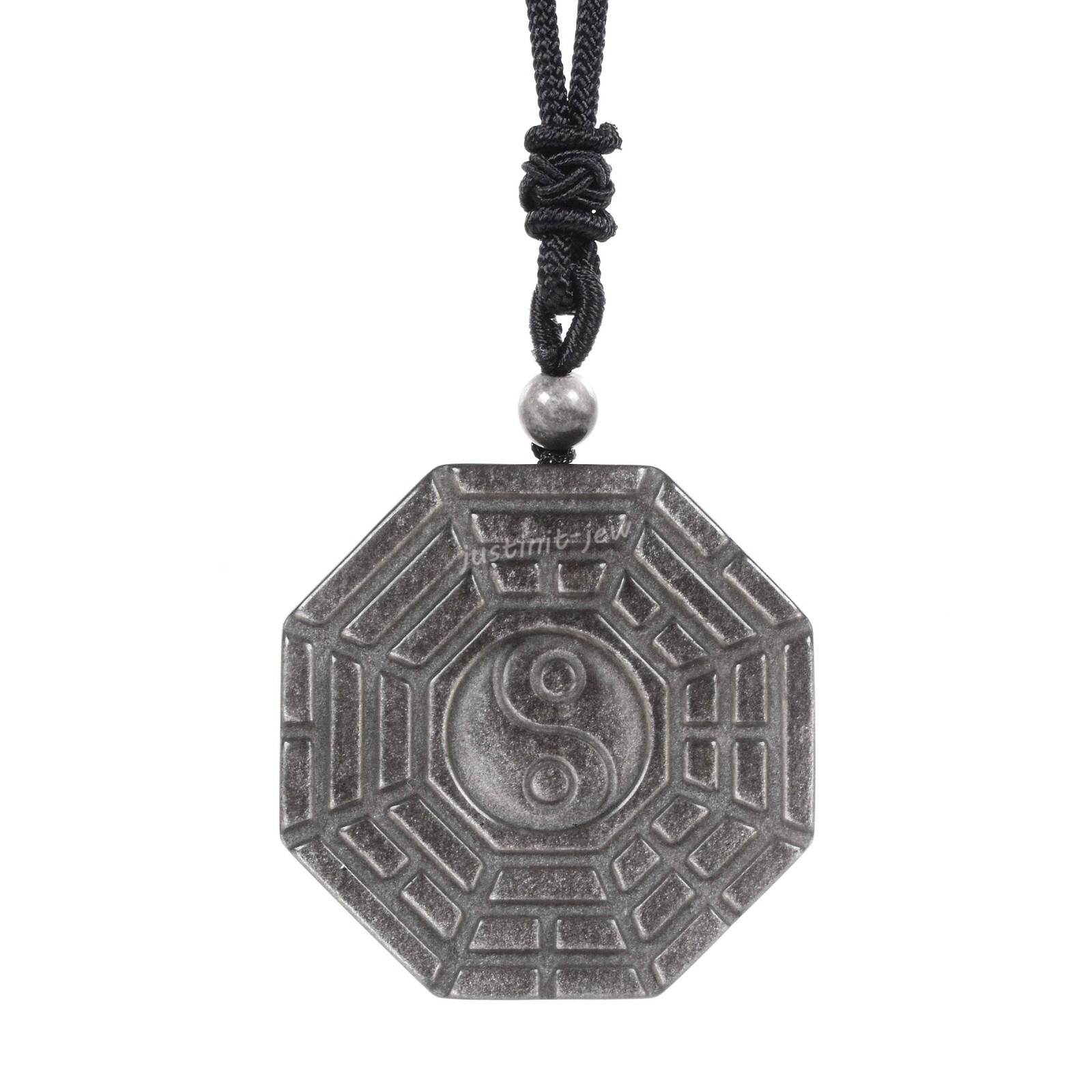 40mm Silver Obsidian bagua Chakra Pendant Adjustable Necklace 16-26 inch