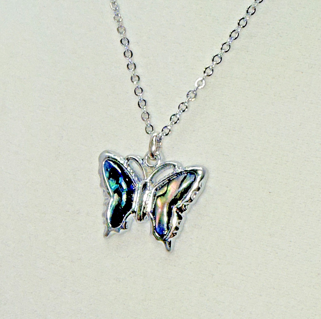 Silver Tone Abalone Shell Butterfly Pendant Necklace Iridescent Fashion Jewelry