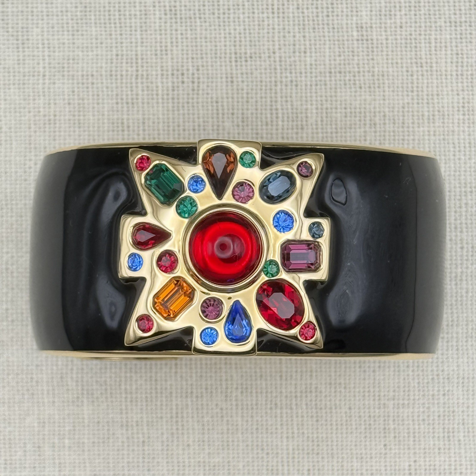 K.J.L. Maltese Cross Hinged Open Cuff Bracelet Black Enamel Box Pouch Papers 7″