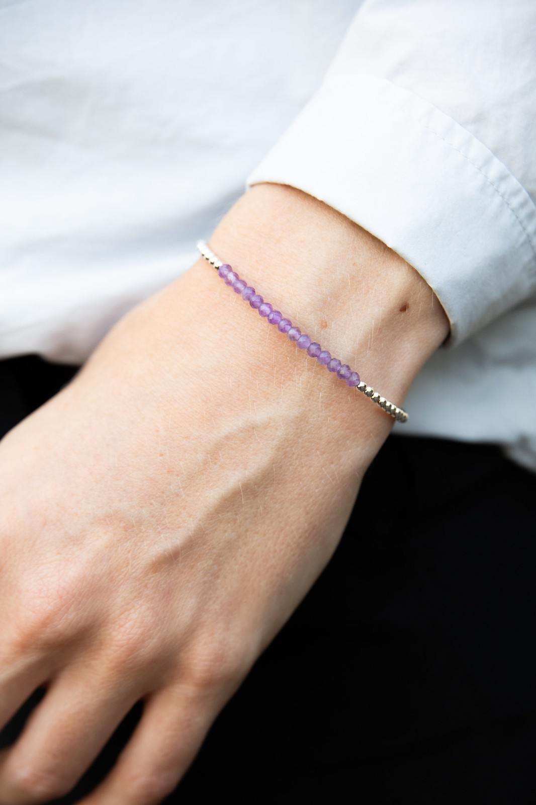 2-3MM Dainty Amethyst Faceted Round Gemstone Silver Filled Beads Bracelet 6-8”