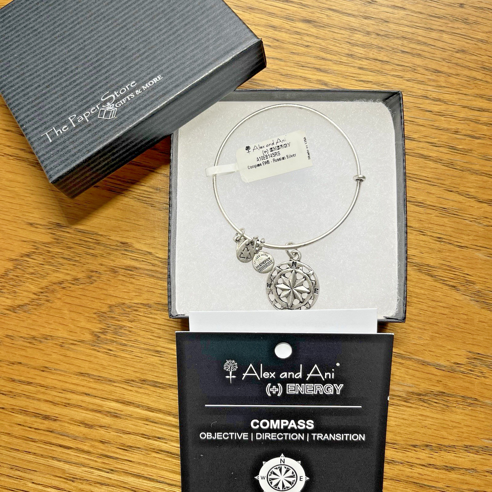Alex & Ani Compass Energy Charm Bangle Bracelet Russian Silver Expandable Wire