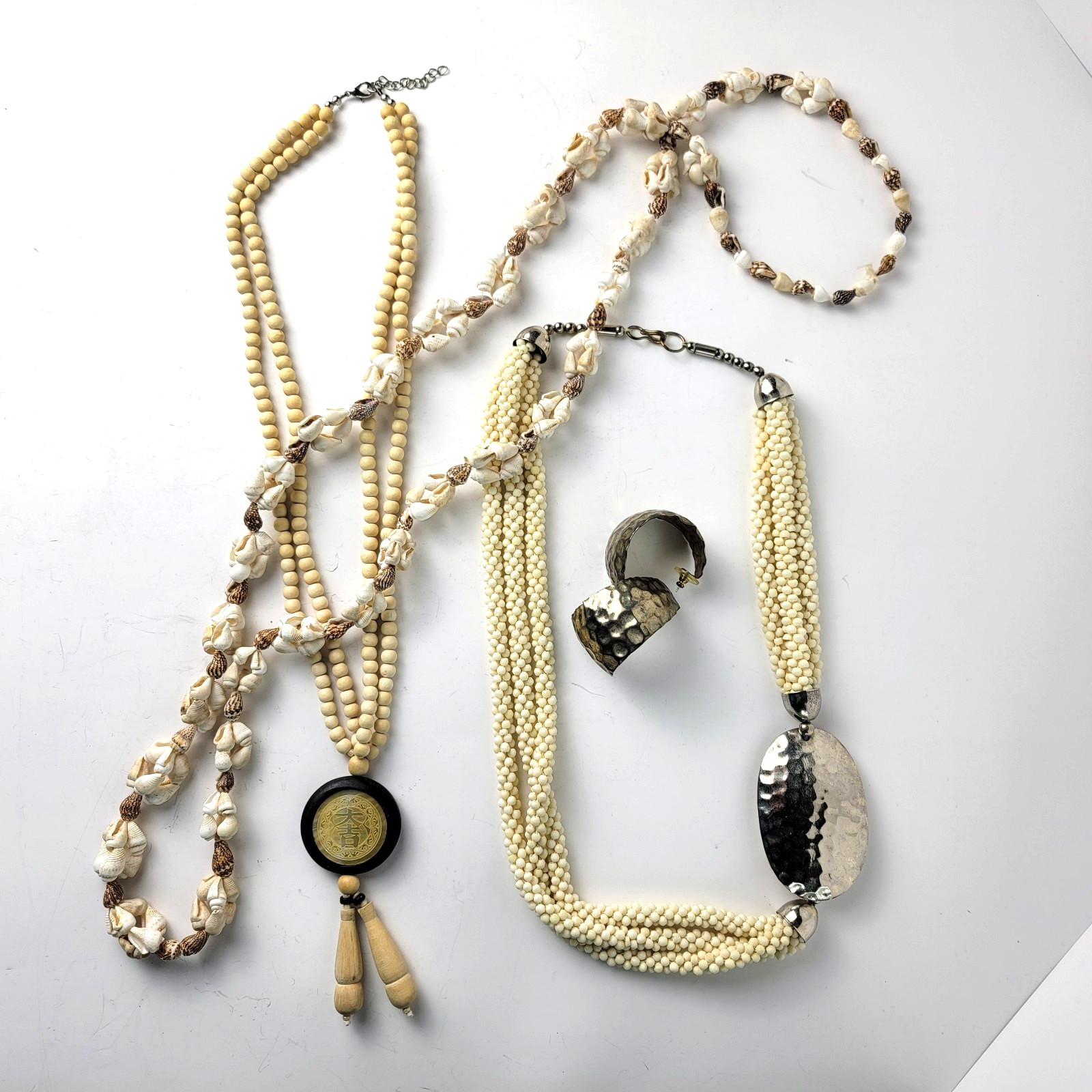 Lot 3 White Cream Boho Necklaces Shell Strand Wooden Chinese Medallion Layering