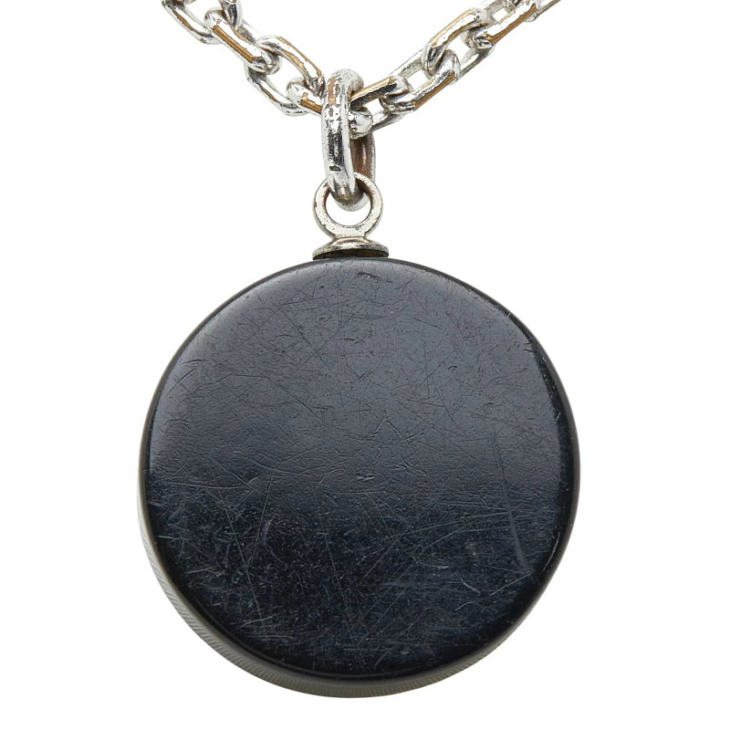 CHANEL Cocomark Rhinestone Necklace Silver Black Metal Plastic Ladies 18.5in
