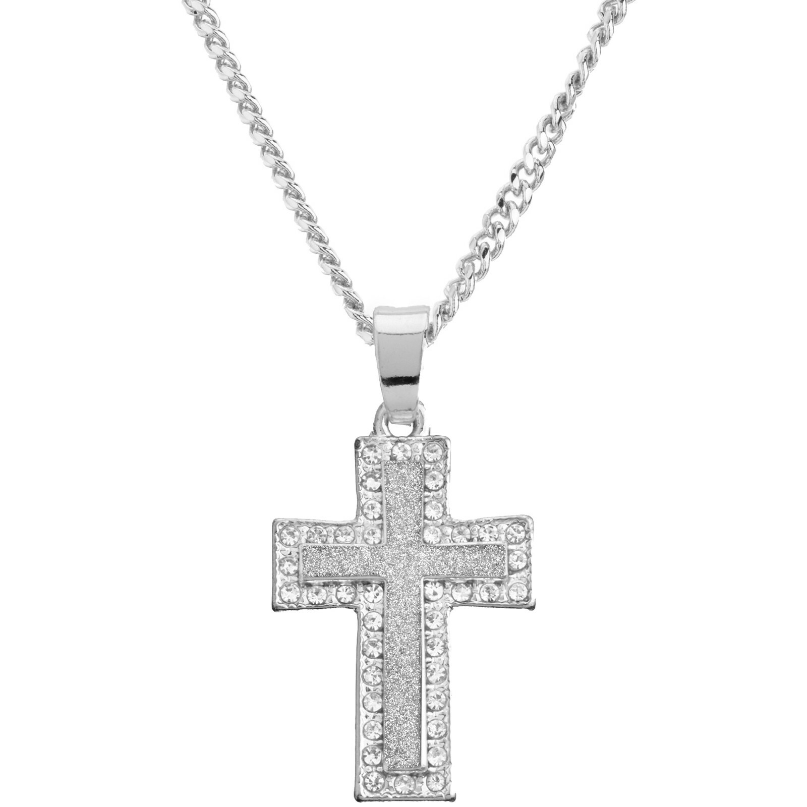 Silver Plated Iced Cross Mini Pendant 20″ Cuban Chain Necklace CP 227 S