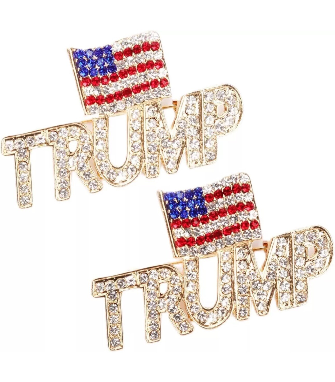 2 PACK Trump Rhinestone Gold USA Flag Crystal Lapel Brooch Pin Memorabilia