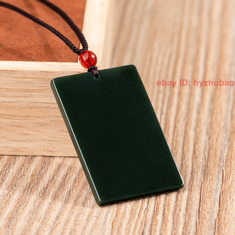 Certified Natural Ink Jade HeTian Nephrite Jade Rectangle Lucky Pendant Necklace