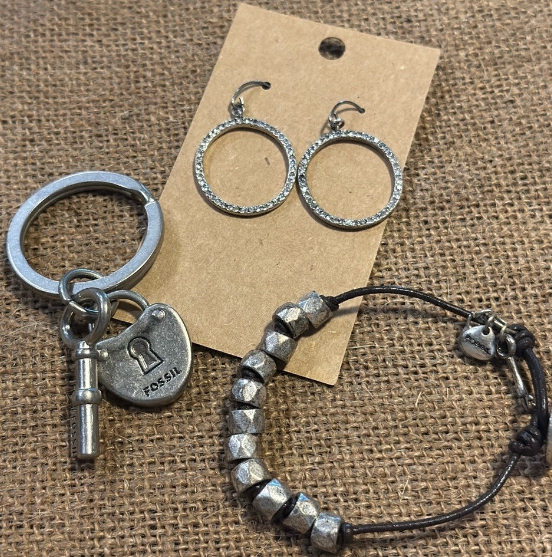 Fossil Adjustable Bolo Cord Bracelet Silver Tone Key & Lock Dangle Charms