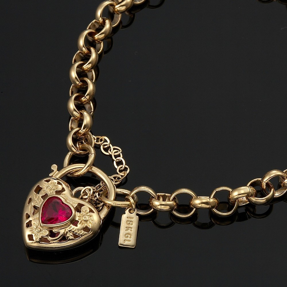 18K GL Solid Belcher Gold Bracelet Filigree Heart Padlock Ruby Red Gem