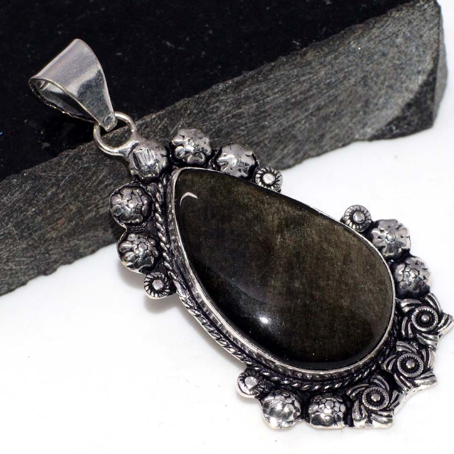 Silver Obsidian 925 Silver Plated Gemstone Pendant 2.5″ Aesthetic Jewellery GW