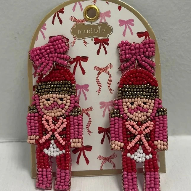 Mud Pie Women’s Christmas Nutcracker Beaded Earrings 2 3/4″ x 1 1/4″ New