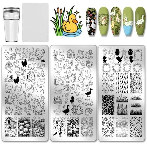3pcs Chickens Ducks Nail Stamp Plate Farm Theme Print Art Template Stainless