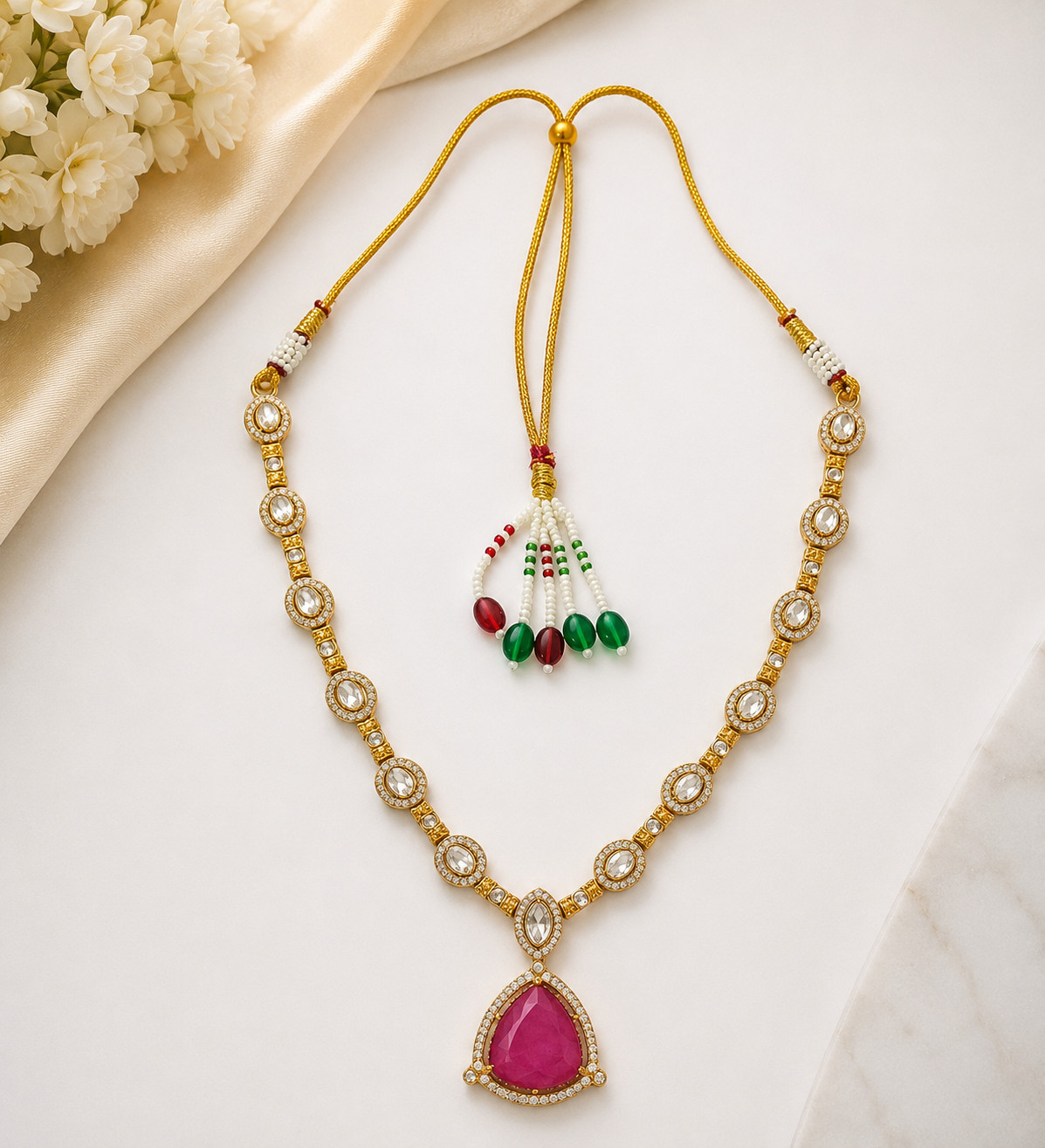 Pink Stone Necklace & Earrings Set Gold Tone Statement Jewelry Women 140
