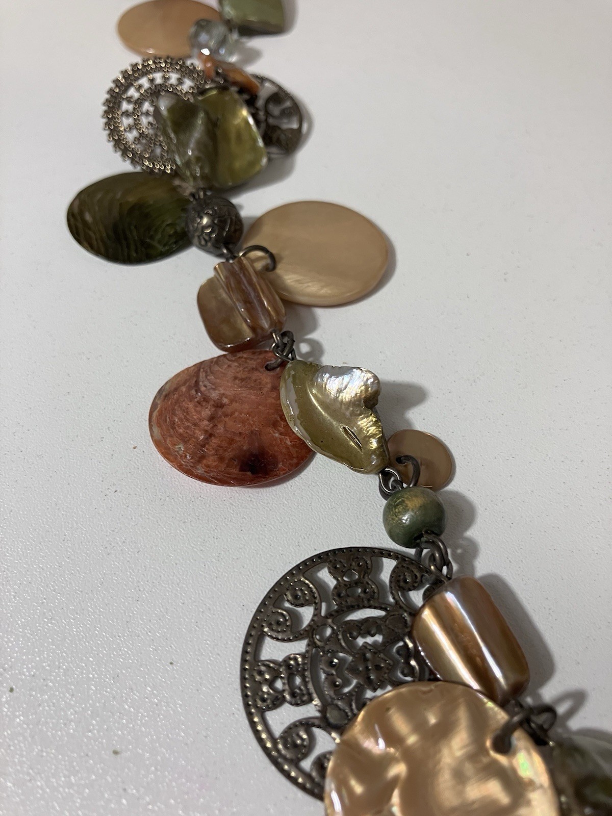 Boho Mother of Pearl Shell Statement Necklace Filigree Green Peach 24in