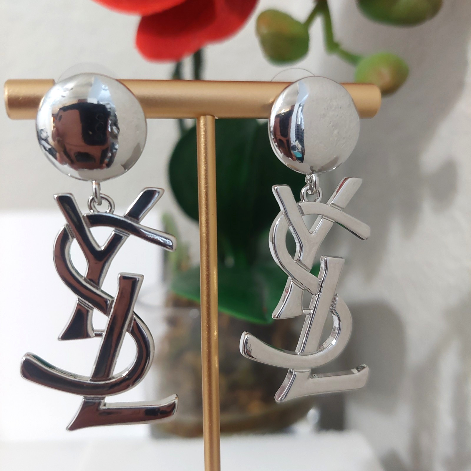 Auth. YVES SAINT LAURENT YSL Dangle Drop Large LOGO EARRINGS Silver Tone