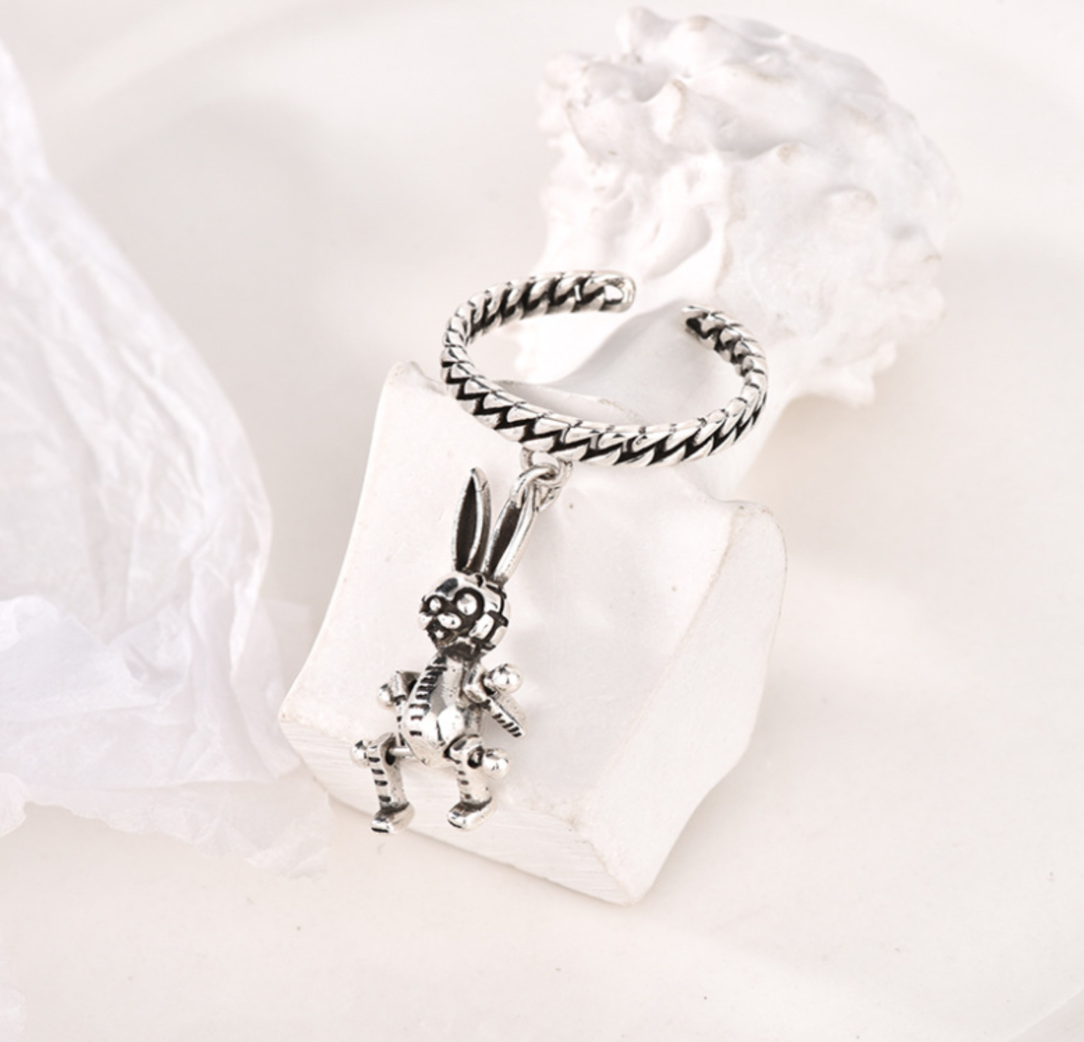 Antique Style Punk Hip Hop Silver black Rabbit Adjustable Band Ring