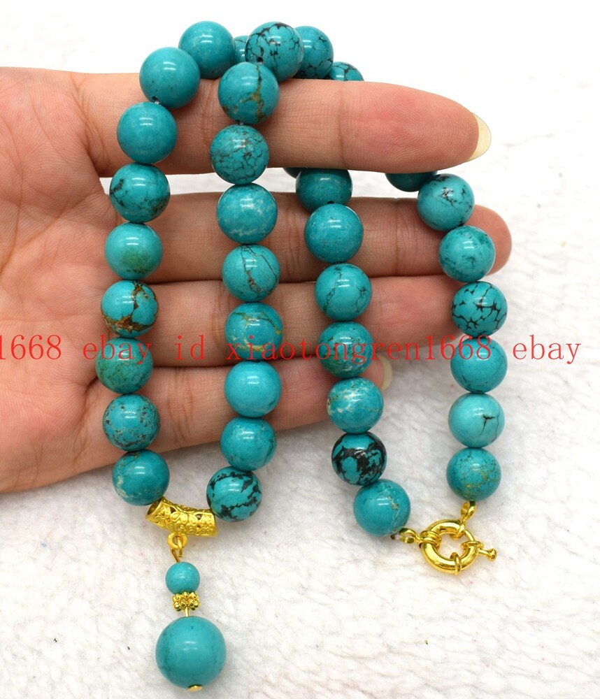 Natural 6/8/10/12mm Blue Turquoise Gemstone Round Beads Pendant Necklace 16-26in