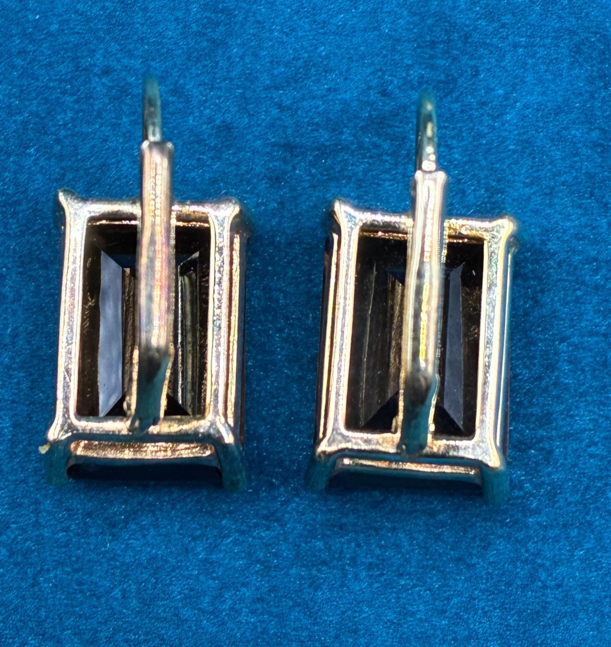 Smoky CZ Earrings SETA Emerald Cut Prong Set Lever Back Gold Tone .75″