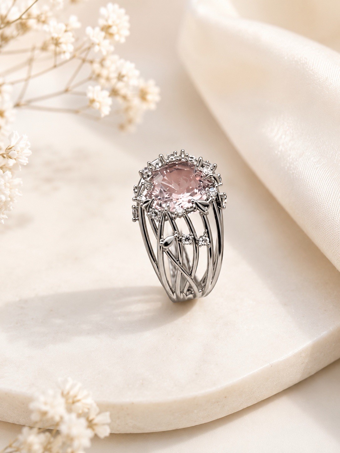 Vintage Style Pink Stone Cocktail Ring White Gold Filled Halo Cluster Statement