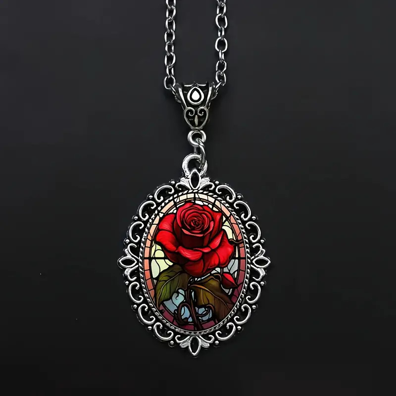 Flower Rose Gothic Silver Jewelry Love Vintage Look Oval Pendant Necklace