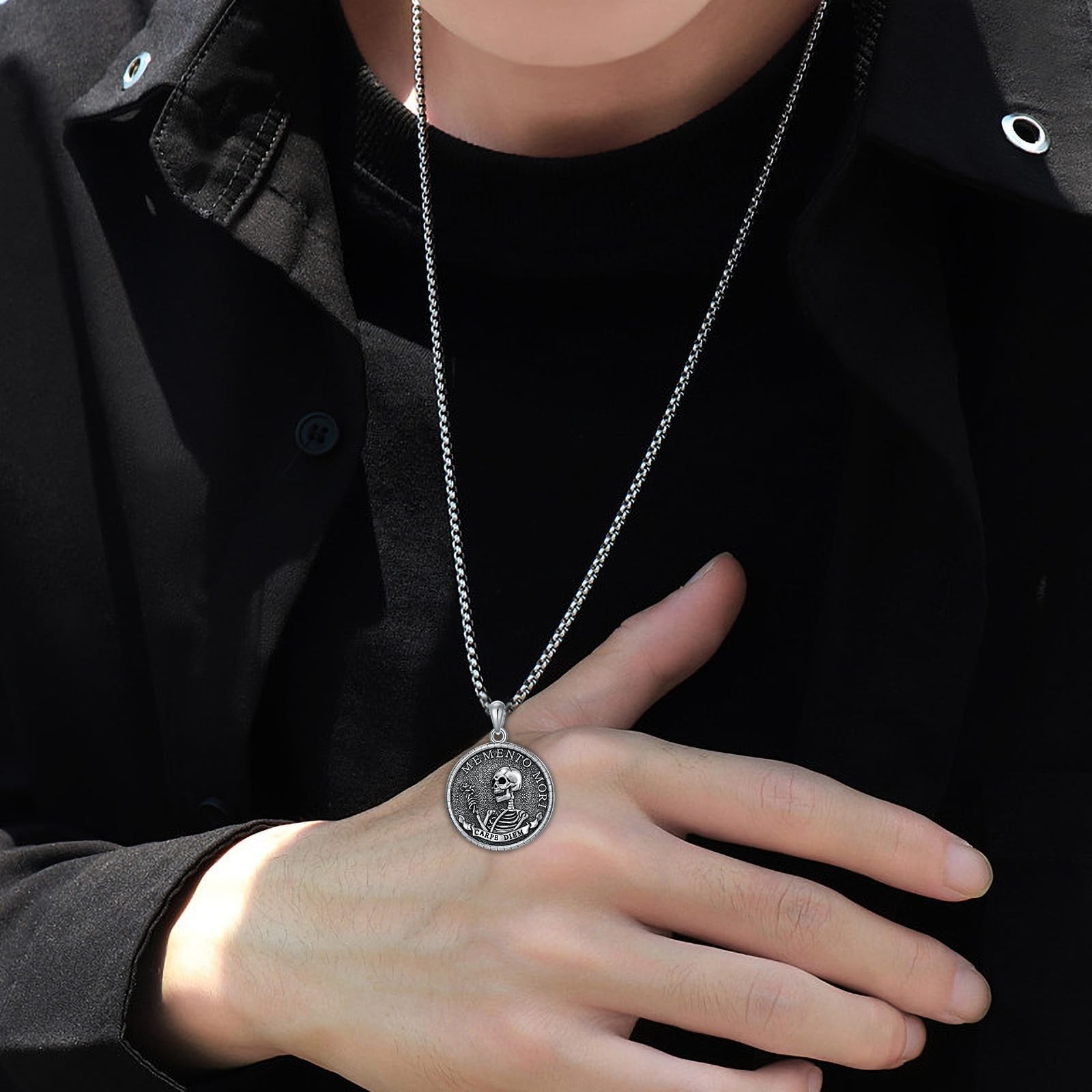 Memento Mori Necklace 925 Sterling Silver Skull Coin Necklace Carpe Diem Stoi…