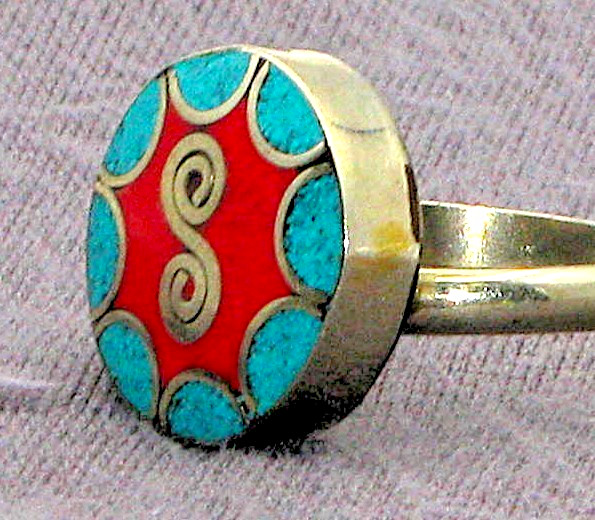 Handcrafted Tibetan Silver Coral Turquoise Inlay Cocktail Ring Adjustable 9
