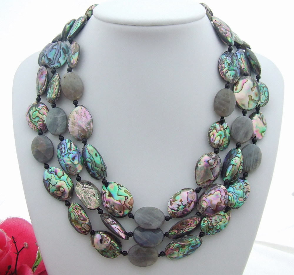 FC051009 3Steds Natural Paua Abalone Shell Oval Labradorite Onyx Necklace 19″