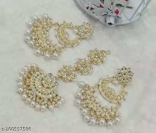 Indian DESIGNER LATEST JADAU KUNDAN EARRING AND MANG TIKKA SET For Woman & Girl