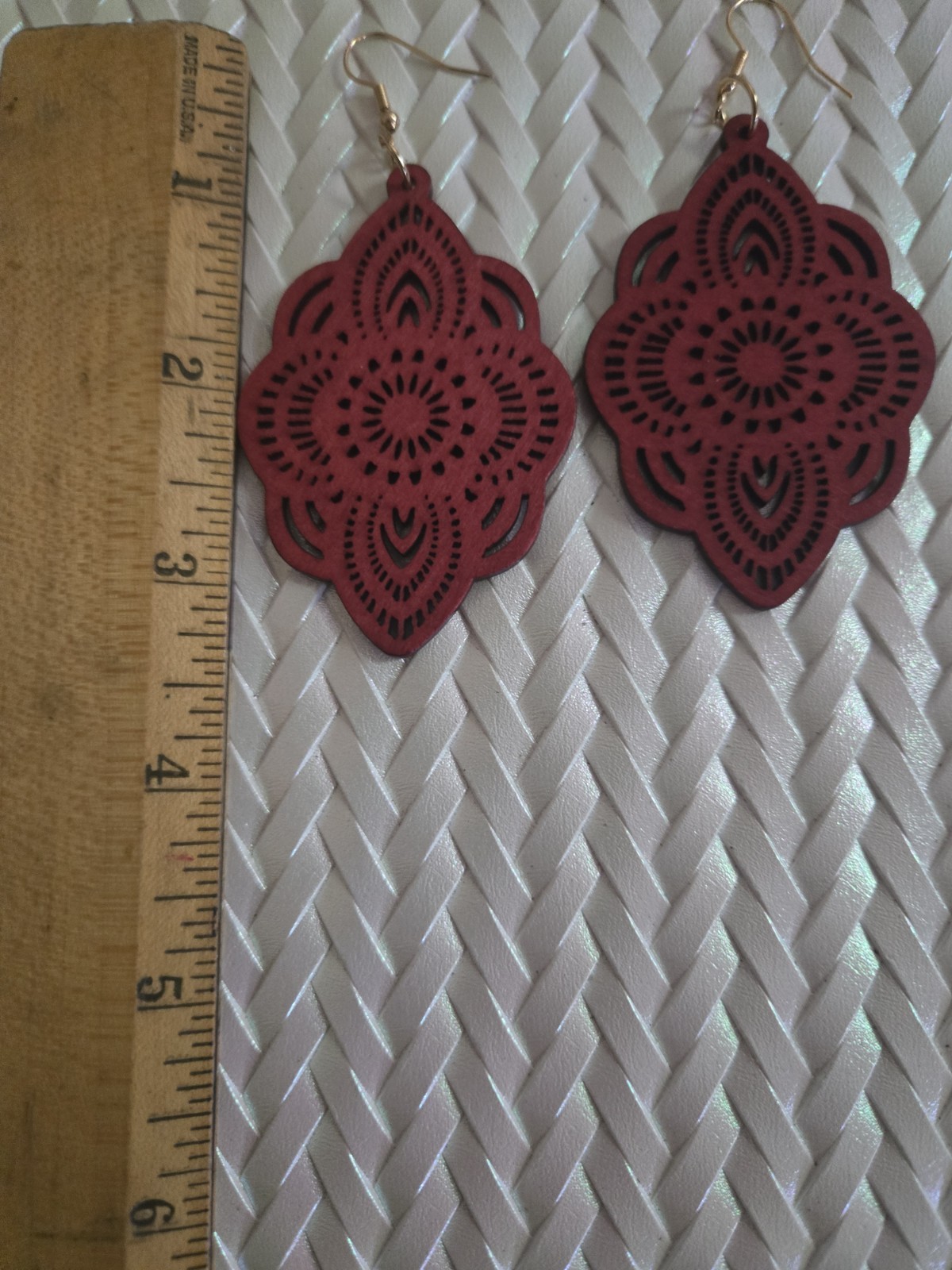 Womens Bohemian Red Wood Filigree Laser Cut Dangle/Drop Hook Earrings