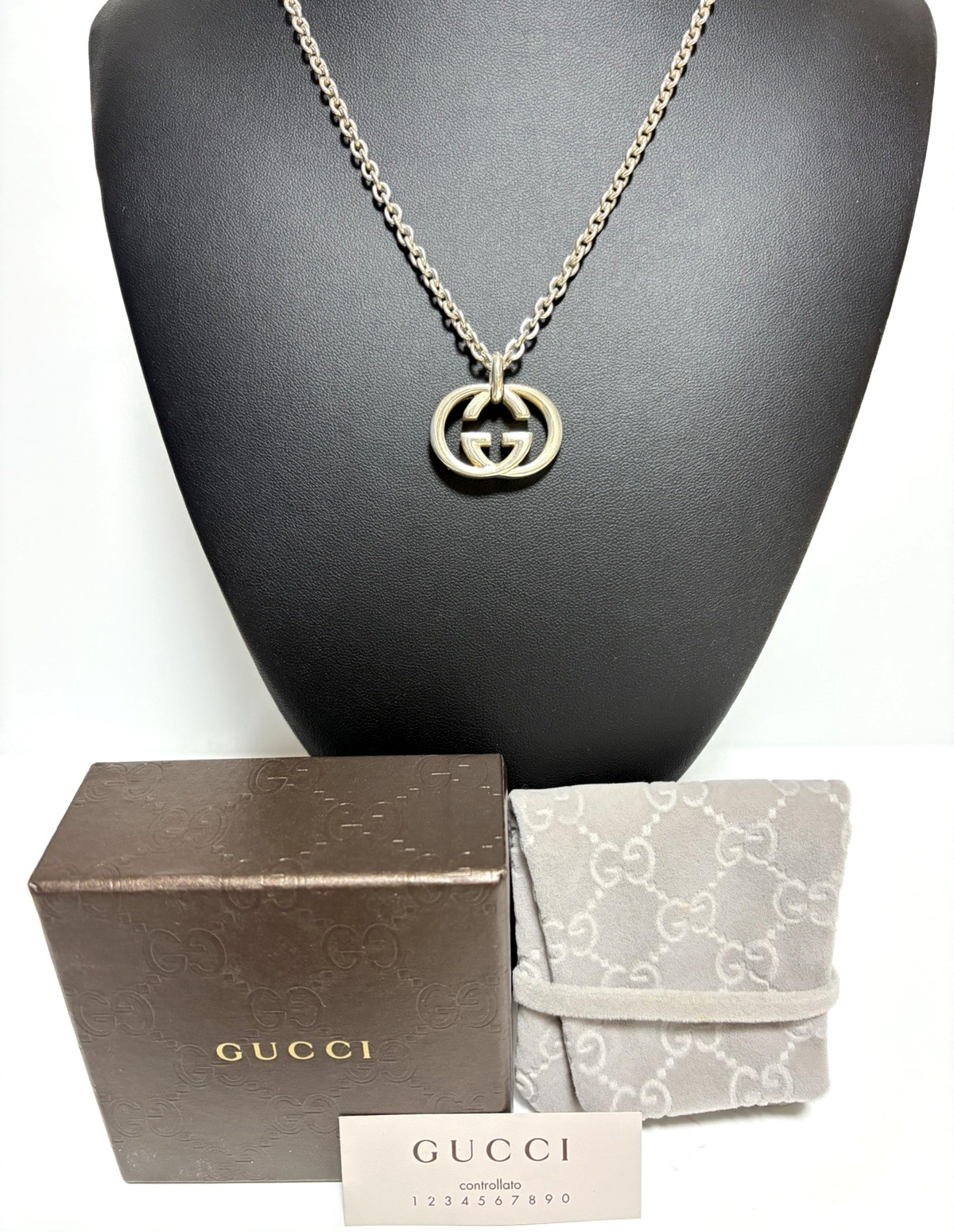 Gucci Interlocking Necklace Sterling Silver 925 Pendant with Box and Accessories