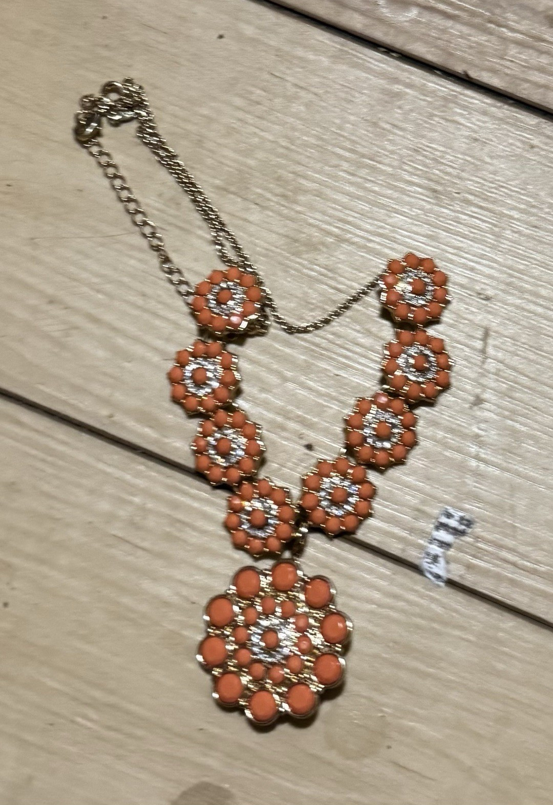 Orange Gold Tone Cable Chain Necklace Flower Charm Pendant, Statement, No Stone
