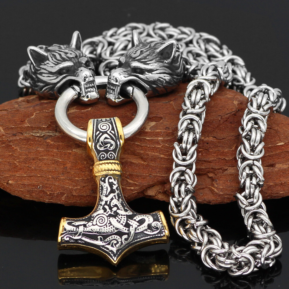 Men’s Stainless Steel Nordic Viking Wolf &Thor Hammer Mjolnir Pendant Necklace