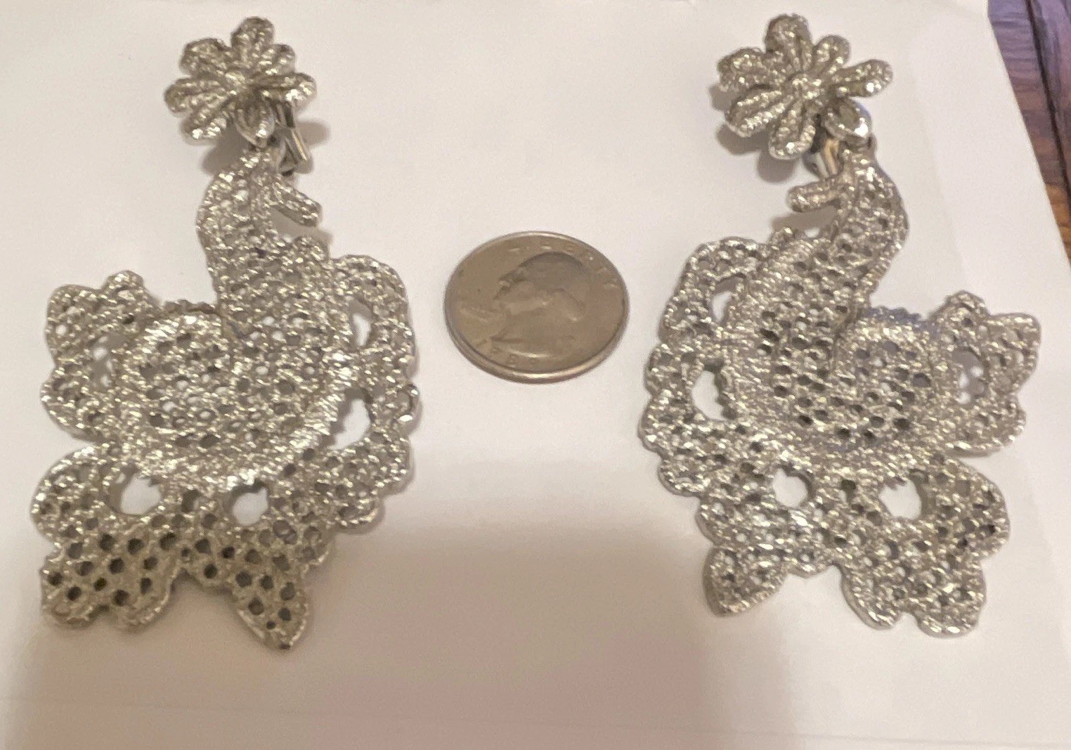 Silver Tone Filigree Flower Chandelier Dangle/Drop Earrings, Metal, No Stone