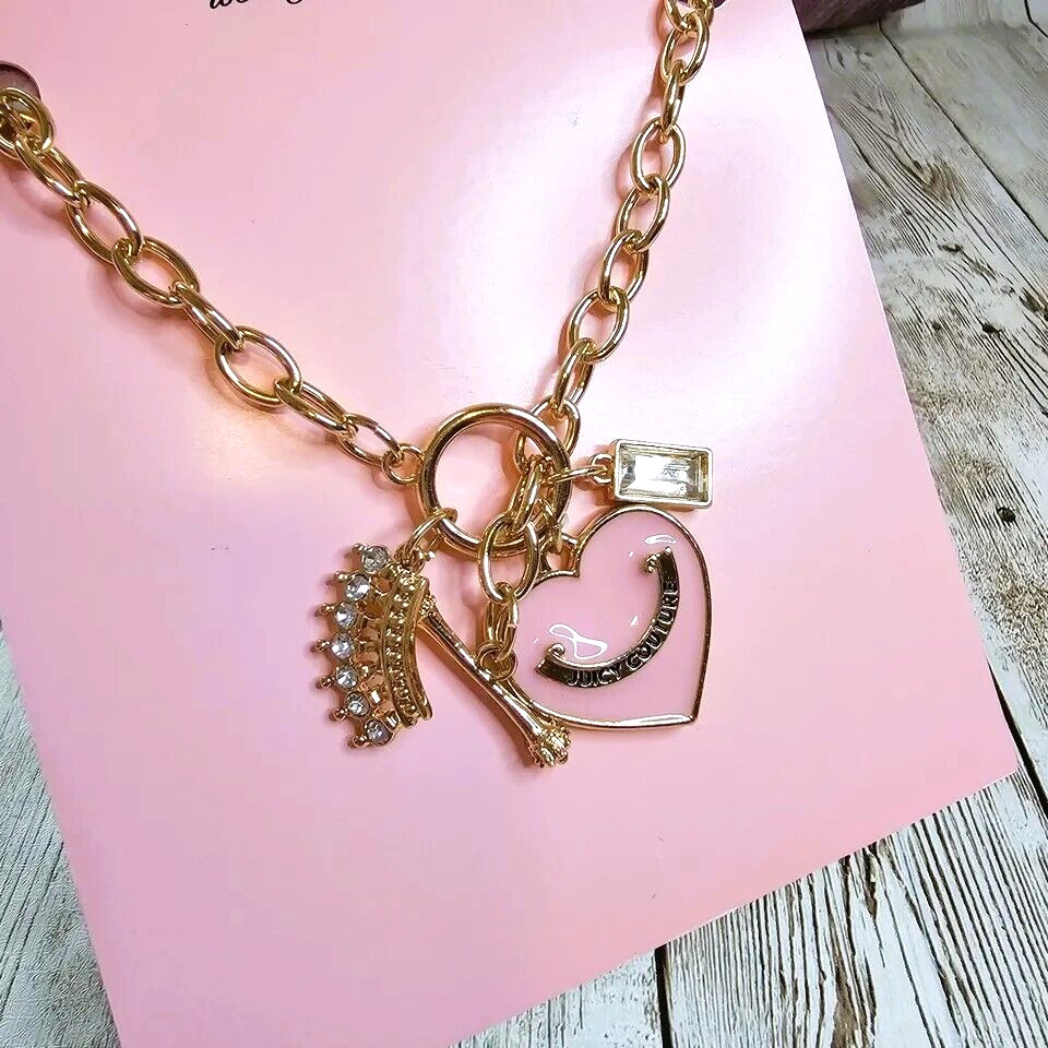 Juicy Couture Pink Enamel 1″ Heart Charm Crown 17″ Toggle Pendant Necklace NWT