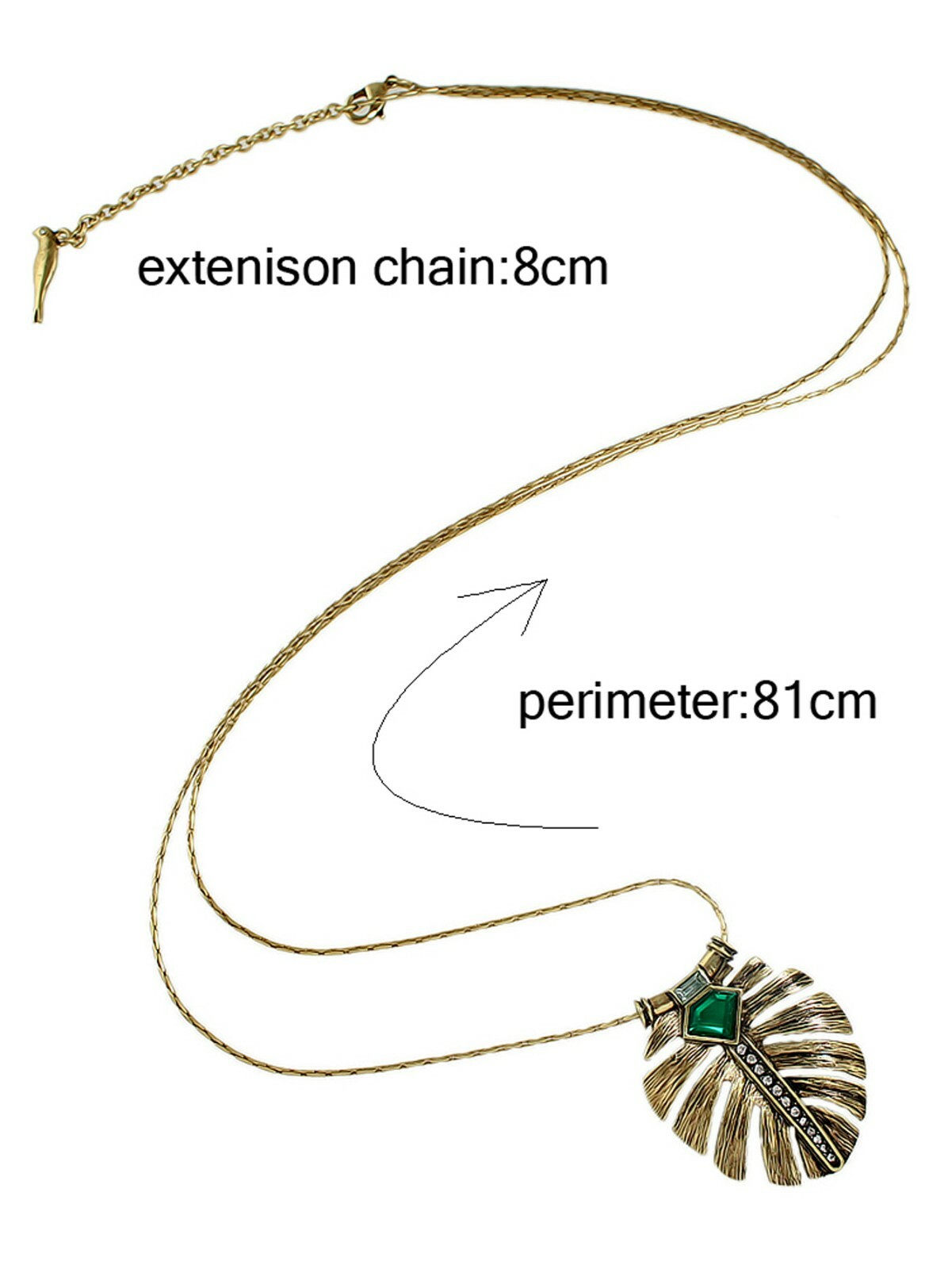 Vintage Antique Gold Long Chain Green Created Gemstone Feather Pendant Necklace