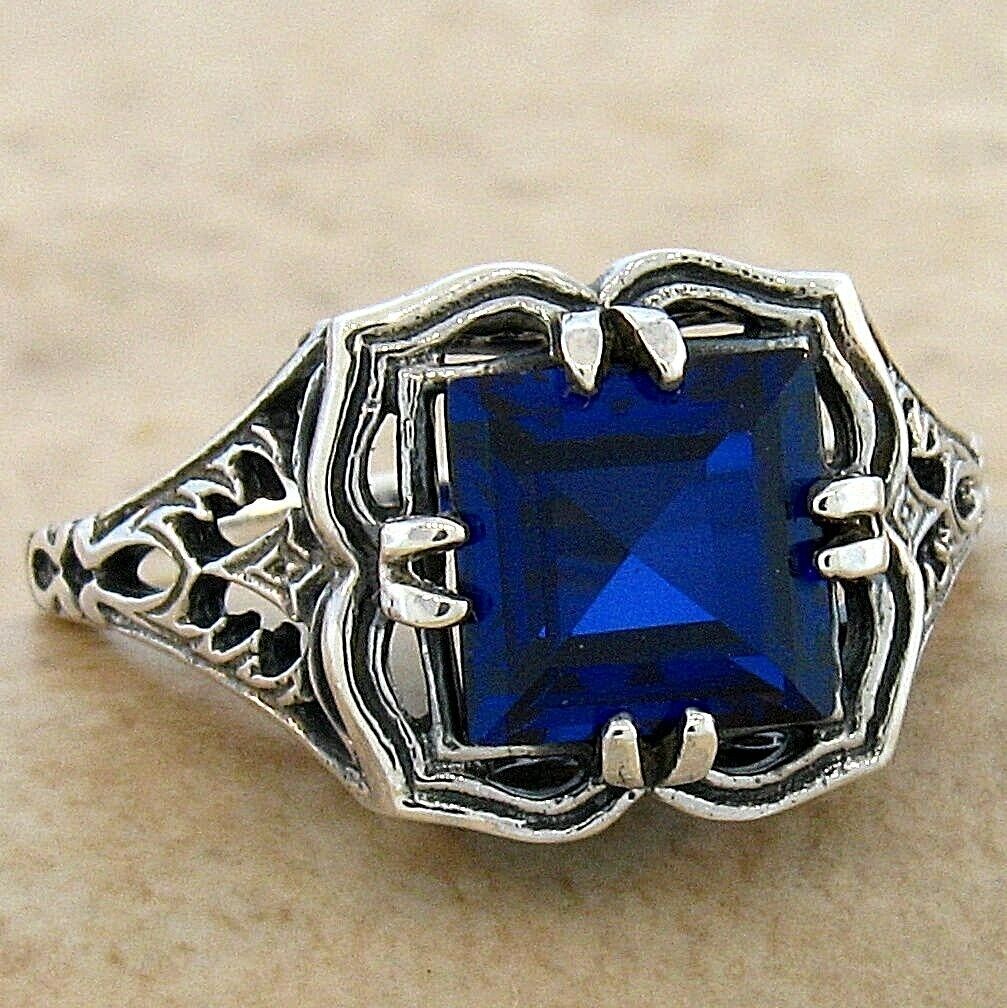 ART DECO STYLE 925 STERLING SILVER FILIGREE LAB-CREATED 2 CT SAPPHIRE RING 745Z