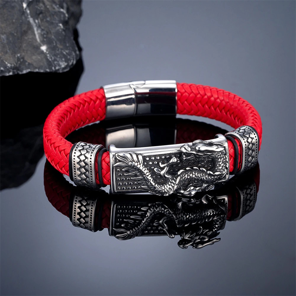 Vintage Chinoiserie Dragon Braided Leather Bracelets Men Handmade Stainless Stee