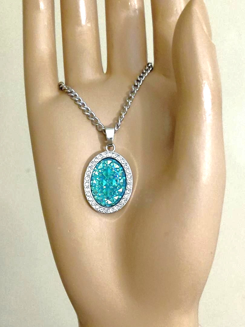 Turquoise Resin Druzy Pendant in Stainless-Steel 13x18mm With Rhinestone Halo