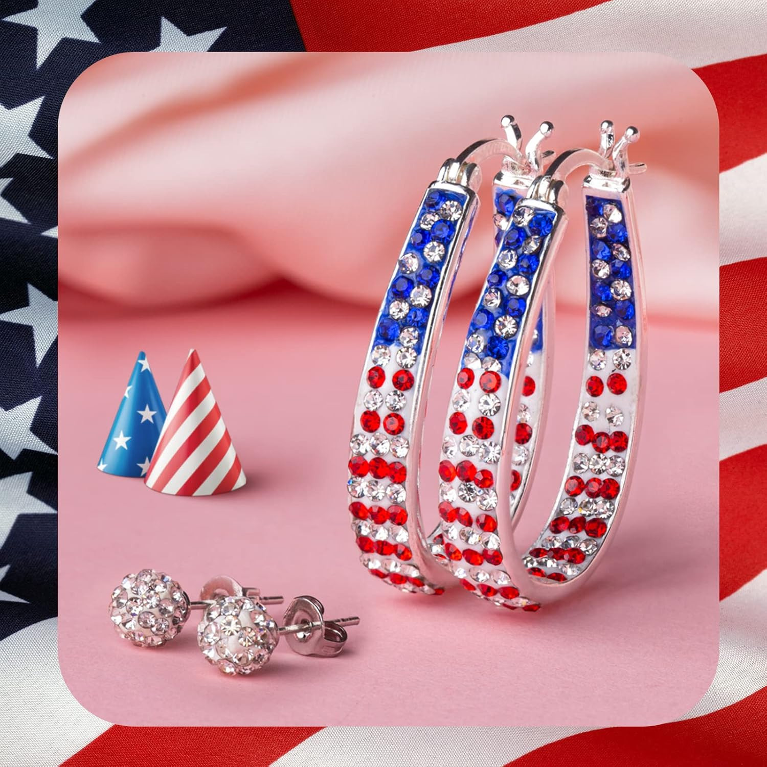 Crystal Hoop Earrings for Women Sparkly American Flag Earrings Silver Plated Red