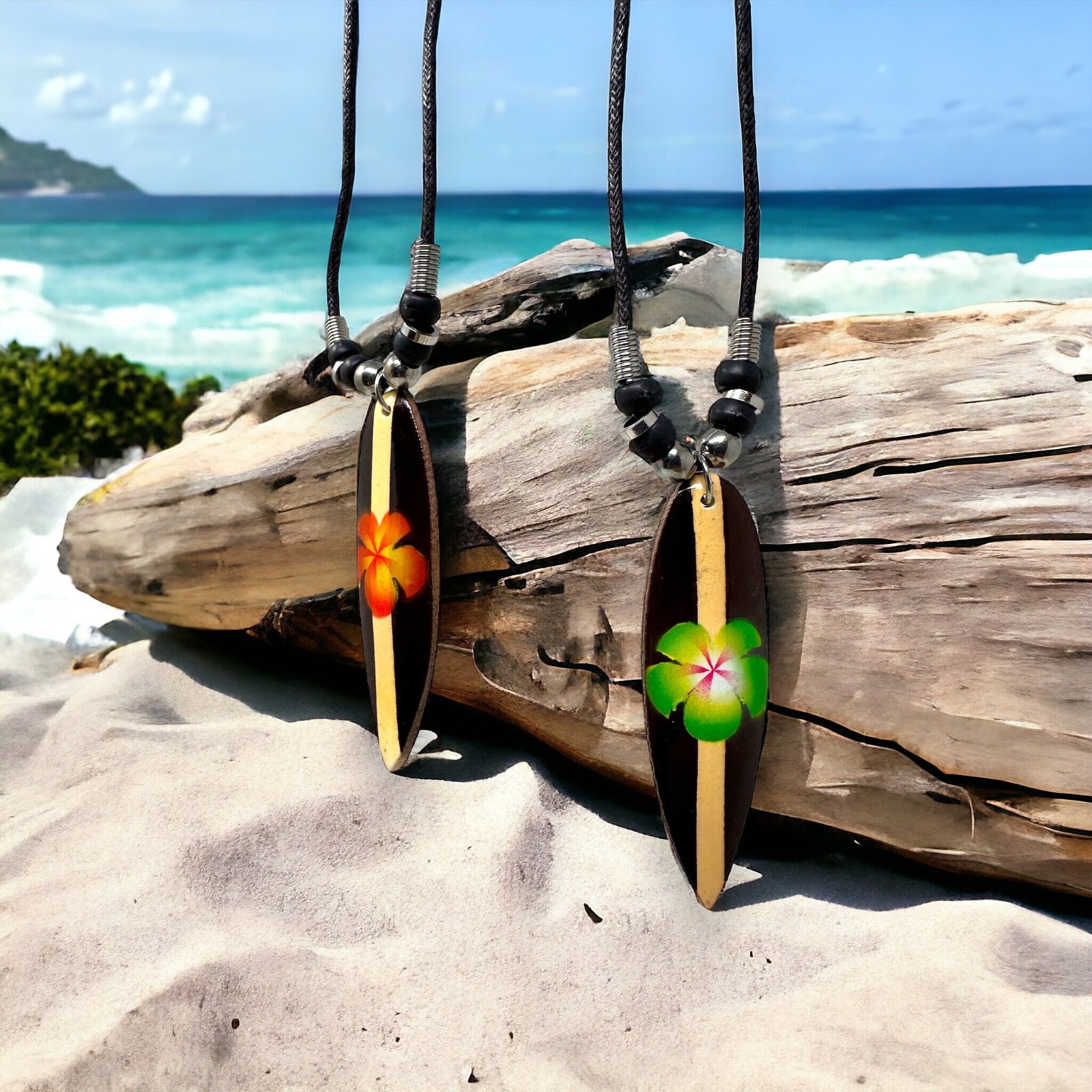Hand Painted Surfboard Necklace Hawaiian Flower Pendant Wood Beach Unisex