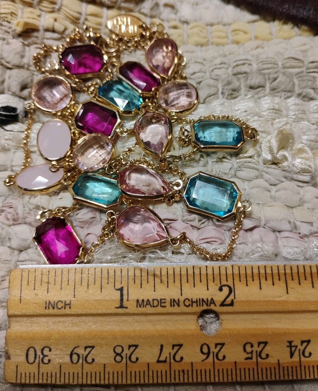 TIME and TRU 34″+ Long Bezel Set Acrylic, Glass, Stone Gems Gold Tone Necklace!
