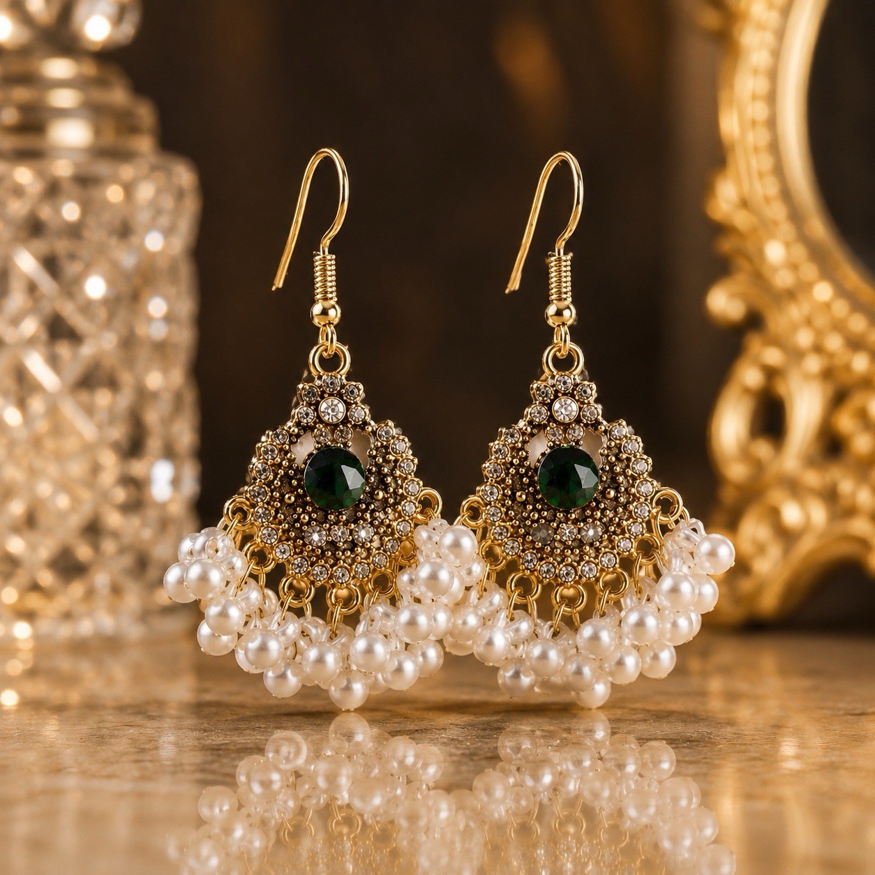 Gold Tone Green Rhinestone Cluster White Pearl Chandelier Dangle Hook Earrings