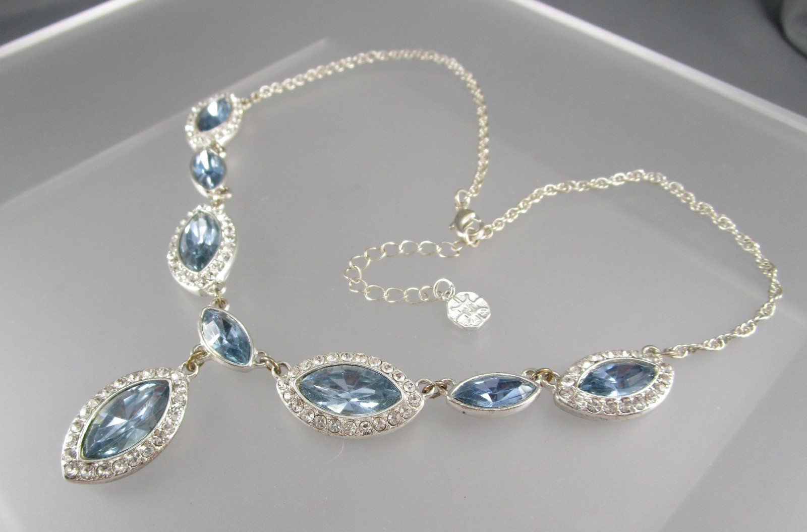 MONET Silver Tone Blue & Clear Crystal Rhinestones Adjust Necklace 640