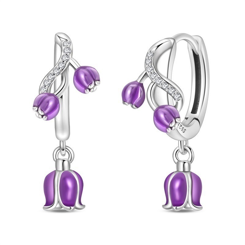 PANDACH 925 Sterling Silver Purple Lily of the Valley Vine Drop Hoop Earrings