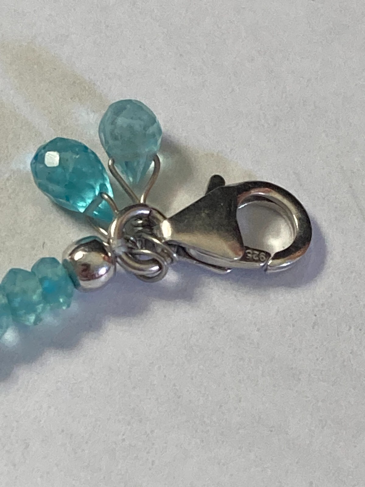 .925 Sterling Silver 3mm Paraiba Apatite Bead Bracelet 7.25″ Dangle Bead Accent